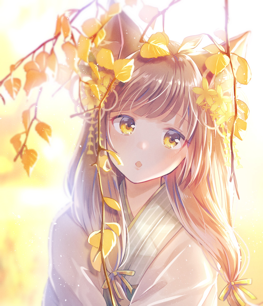 :o animal_ears autumn_leaves backlighting bangs blunt_bangs blush brown_eyes brown_hair commentary_request day eyebrows_visible_through_hair flower fox_ears fox_girl hair_flower hair_ornament head_tilt highres japanese_clothes kimono long_hair looking_away looking_to_the_side myusha open_mouth original outdoors parted_lips plant revision shiny shiny_hair solo upper_body vines white_kimono yellow_eyes