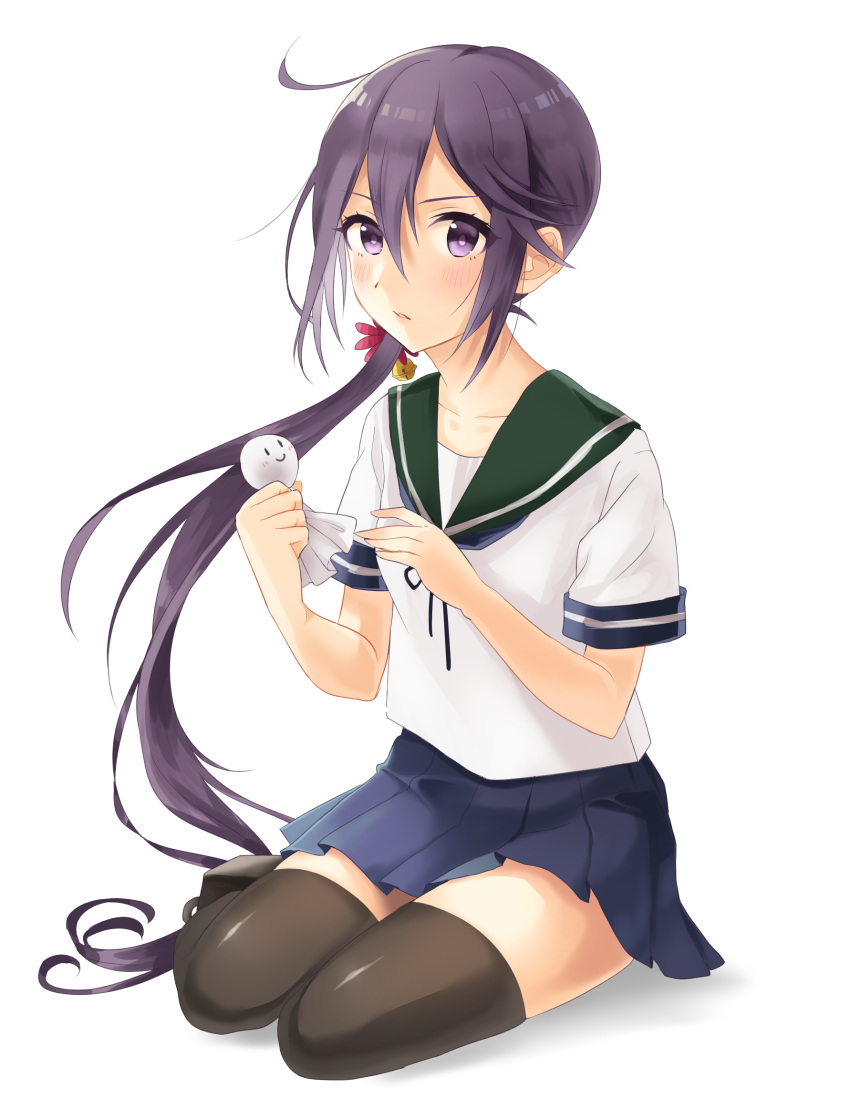 akebono_(kantai_collection) bell black_legwear black_neckwear black_ribbon black_skirt blush closed_mouth collarbone commentary_request flower green_sailor_collar hair_bell hair_between_eyes hair_flower hair_ornament hands_up highres holding hushimi-nanodesu jingle_bell kantai_collection long_hair looking_at_viewer neck_ribbon partial_commentary pleated_skirt ponytail purple_eyes purple_hair ribbon sailor_collar shirt short_sleeves simple_background sitting skirt solo teruterubouzu very_long_hair white_background white_shirt yokozuwari