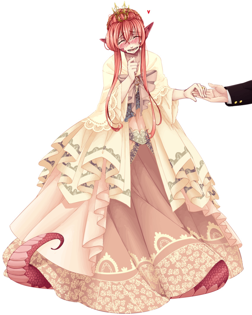alternate_costume animal_ears blush bow bowtie braid bride carrot-kun closed_eyes commission dress embarrassed eyebrows_visible_through_hair facing_viewer full_body grey_neckwear hair_bow hair_bun hair_ornament hairpin hand_up heart highres lamia long_dress long_hair long_sleeves miia_(monster_musume) monster_girl monster_musume_no_iru_nichijou nose_blush out_of_frame pointy_ears red_hair scales smile solo_focus tail transparent_background wedding_dress