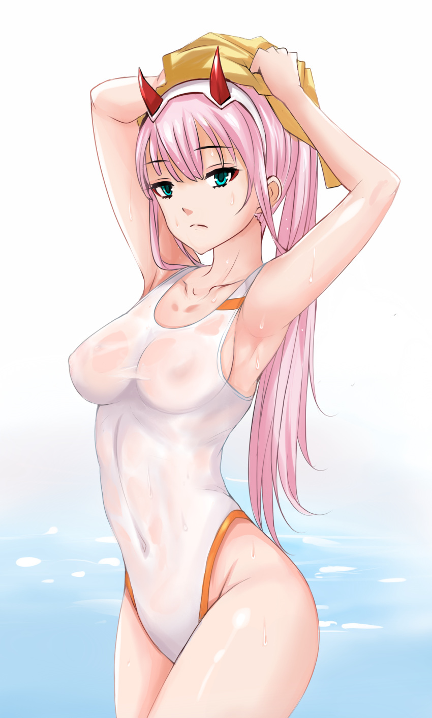 arms_up bangs blush breasts collarbone competition_swimsuit covered_navel cowboy_shot darling_in_the_franxx drying drying_hair expressionless eyebrows_visible_through_hair groin hairband high_ponytail highres horns long_hair medium_breasts medium_hair nonoririn one-piece_swimsuit ponytail see-through shiny shiny_hair sideboob simple_background skin_tight solo standing swimsuit towel tsurime very_long_hair wading water water_drop wet wet_clothes wet_swimsuit white_background white_hairband white_swimsuit zero_two_(darling_in_the_franxx)