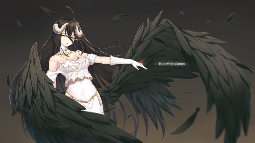 albedo black_background black_feathers black_hair black_wings breasts choker cleavage cowboy_shot dress elbow_gloves feathered_wings floating_hair gloves glowing glowing_eye hair_between_eyes highres horns long_hair medium_breasts neps-l overlord_(maruyama) parted_lips solo standing strapless strapless_dress very_long_hair white_dress white_gloves wings yellow_eyes