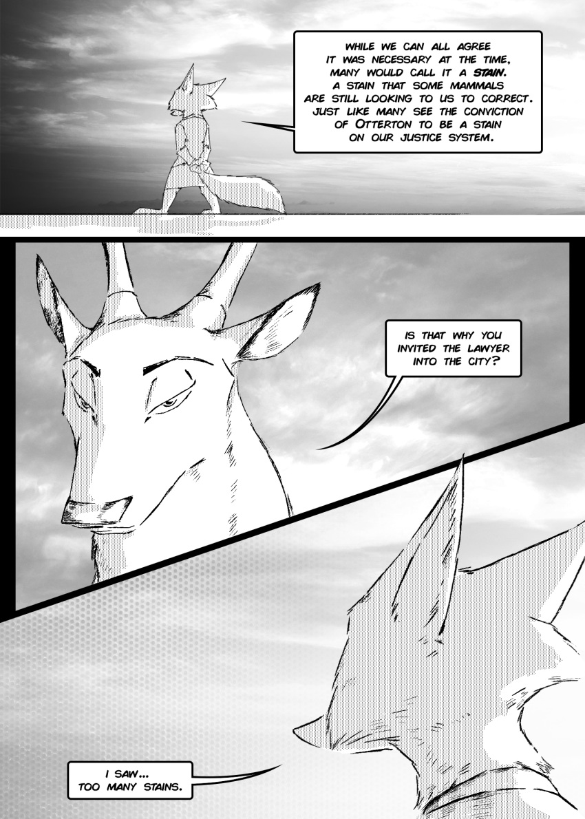2018 anthro antlers canine cervine clothed clothing comic dialogue disney duo english_text fan_character female fox greyscale hands_behind_back horn mammal monochrome neveen_(kulkum) screentone speech_bubble standing text thewyvernsweaver zootopia