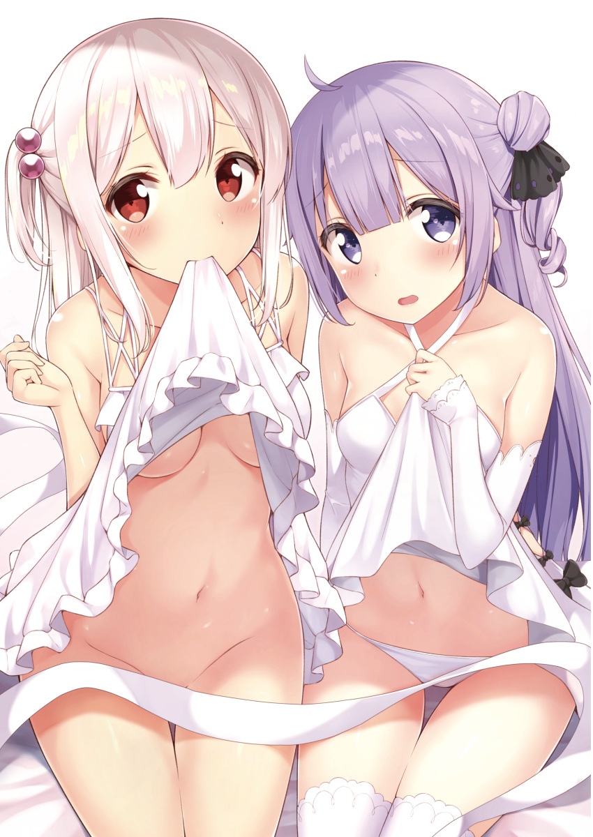 absurdres azur_lane bare_shoulders blush breasts convenient_censoring cowboy_shot criss-cross_halter detached_sleeves dress dress_lift eyebrows_visible_through_hair hair_bobbles hair_ornament halterneck highres karutamo long_hair long_sleeves looking_at_viewer medium_breasts multiple_girls navel no_panties one_side_up open_mouth original panties purple_eyes purple_hair sitting sleeves_past_wrists small_breasts thigh_gap thighhighs tisshu_(karutamo) underboob underwear unicorn_(azur_lane) white_dress white_hair white_legwear white_panties