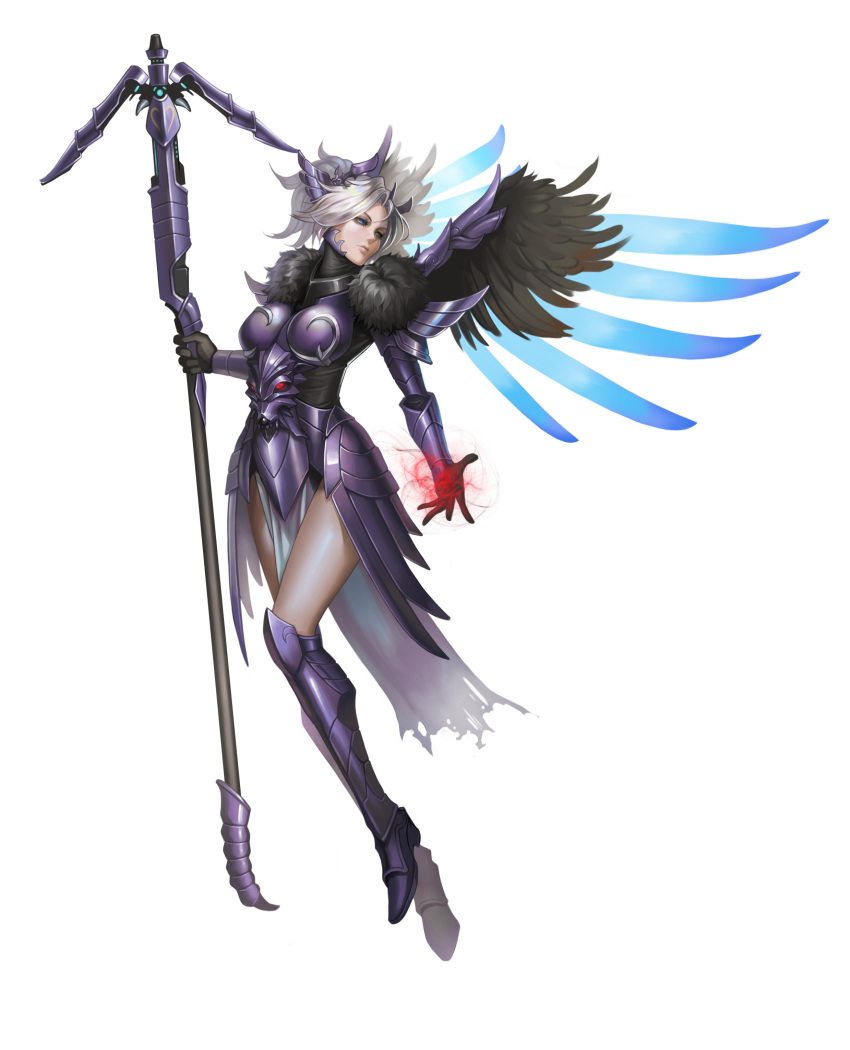 absurdres alternate_costume angel_wings armor armored_boots armored_dress banned_artist black_wings blonde_hair blue_wings boots gauntlets hair_ornament highres mechanical_wings mercy_(overwatch) overwatch paid_reward patreon_reward simple_background solo spread_wings white_background wings yinan_cui