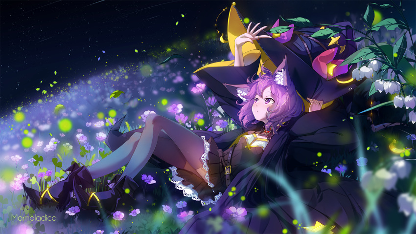 animal_ears artist_name cat_ears copyright_request dress flower hat marmalade_(elfless_vanilla) night purple_eyes purple_hair short_hair signature solo thighhighs witch