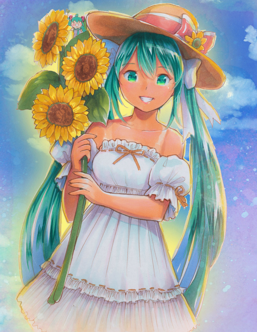 :d absurdres blue_sky bow cloud collar collarbone cowboy_shot day detached_sleeves dress eyebrows_visible_through_hair flower green_eyes green_hair grin hair_between_eyes hair_bow hat hat_flower hat_ribbon hatsune_miku highres holding holding_flower long_hair looking_at_viewer mayo_riyo open_mouth outdoors ribbon ribbon-trimmed_dress ribbon-trimmed_sleeves ribbon_trim sky sleeveless sleeveless_dress smile solo standing strapless strapless_dress straw_hat sundress sunflower tan tanline traditional_media twintails very_long_hair vocaloid white_bow white_dress yellow_flower yellow_hat