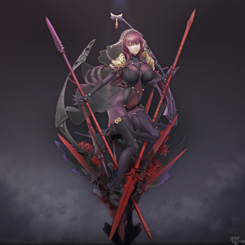 3d bodysuit boots breasts fate/grand_order fate_(series) high_heel_boots high_heels highres large_breasts leslyzerosix long_hair looking_at_viewer pauldrons purple_hair red_eyes scathach_(fate)_(all) scathach_(fate/grand_order) solo veil