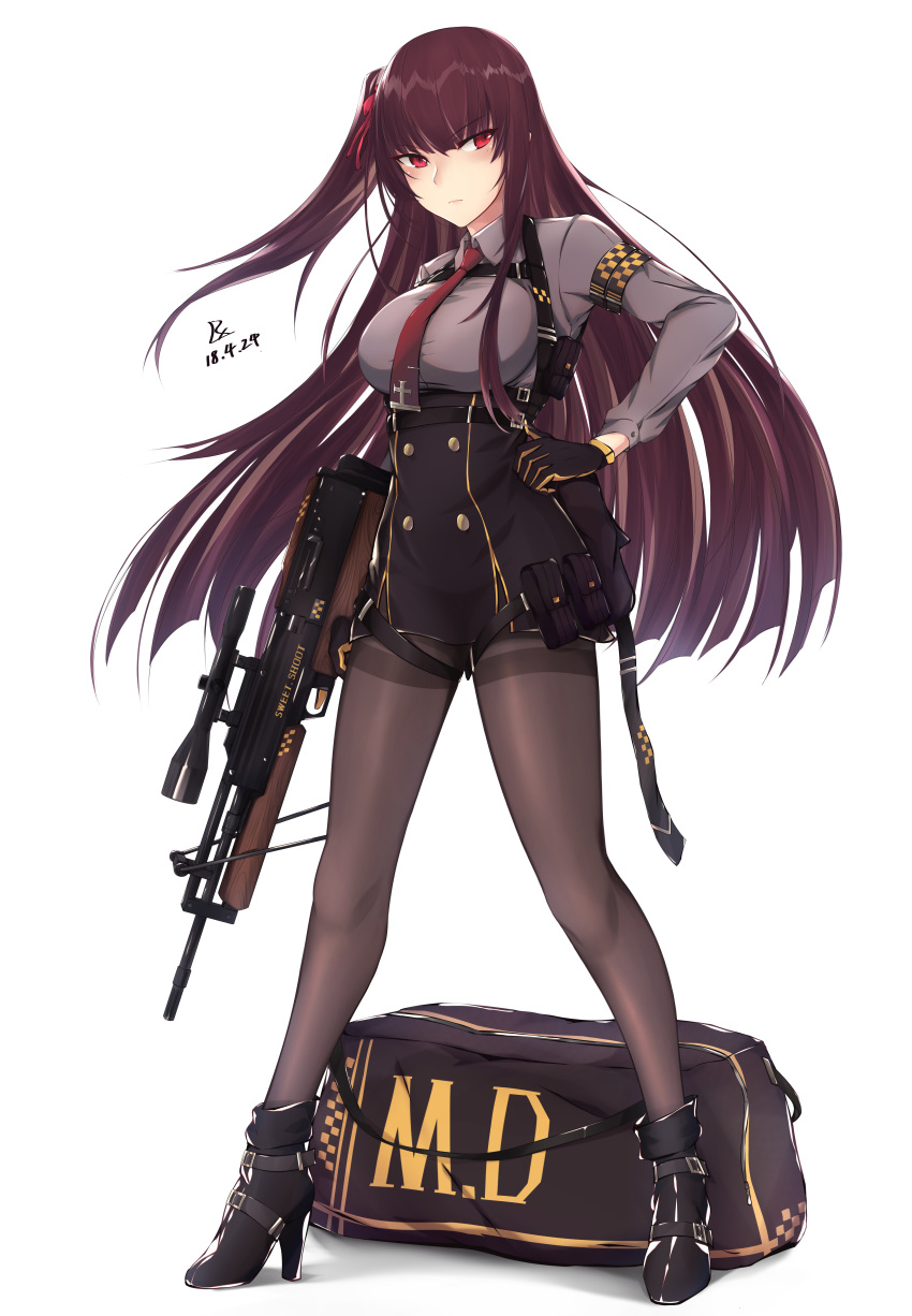 absurdres armband bag bangs bipod black_footwear black_gloves black_legwear black_skirt blazer blunt_bangs blush boots braid breasts brown_hair buckle bullpup buttons closed_mouth collared_shirt commentary_request dated double-breasted embarrassed eyebrows_visible_through_hair floating_hair framed_breasts french_braid full_body girls_frontline gloves gun hair_between_eyes hair_ribbon half_updo hand_on_hip high-waist_skirt high_heel_boots high_heels highres holding jacket large_breasts long_hair long_sleeves looking_at_viewer multiple_straps necktie one_side_up pantyhose purple_hair purple_shirt red_eyes red_neckwear ribbon rifle shirt shoe_strap shoes sidelocks signature simple_background skirt sniper_rifle solo sports_bag standing strap thigh_strap thighband_pantyhose thighs trigger_discipline tsurime very_long_hair wa2000_(girls_frontline) walther walther_wa_2000 weapon white_background white_shirt zhishi_ge_fangzhang