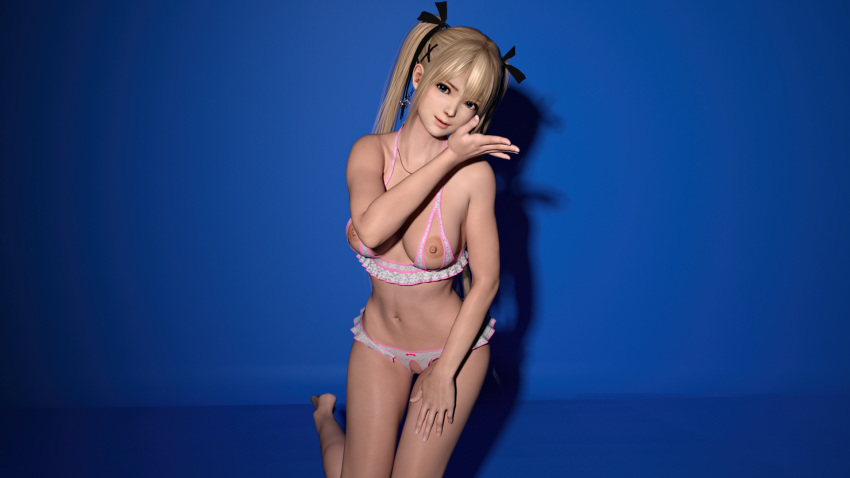 1girl 3d areolae barefoot bent_knees blonde_hair blush bra breasts dead_or_alive earrings feet female hair_ornament hair_ribbon jewelry long_hair marie_rose navel nipples pussy ribbon soles source_filmmaker tied_hair twintails underwear v1z3t4 very_long_hair x_hair_ornament