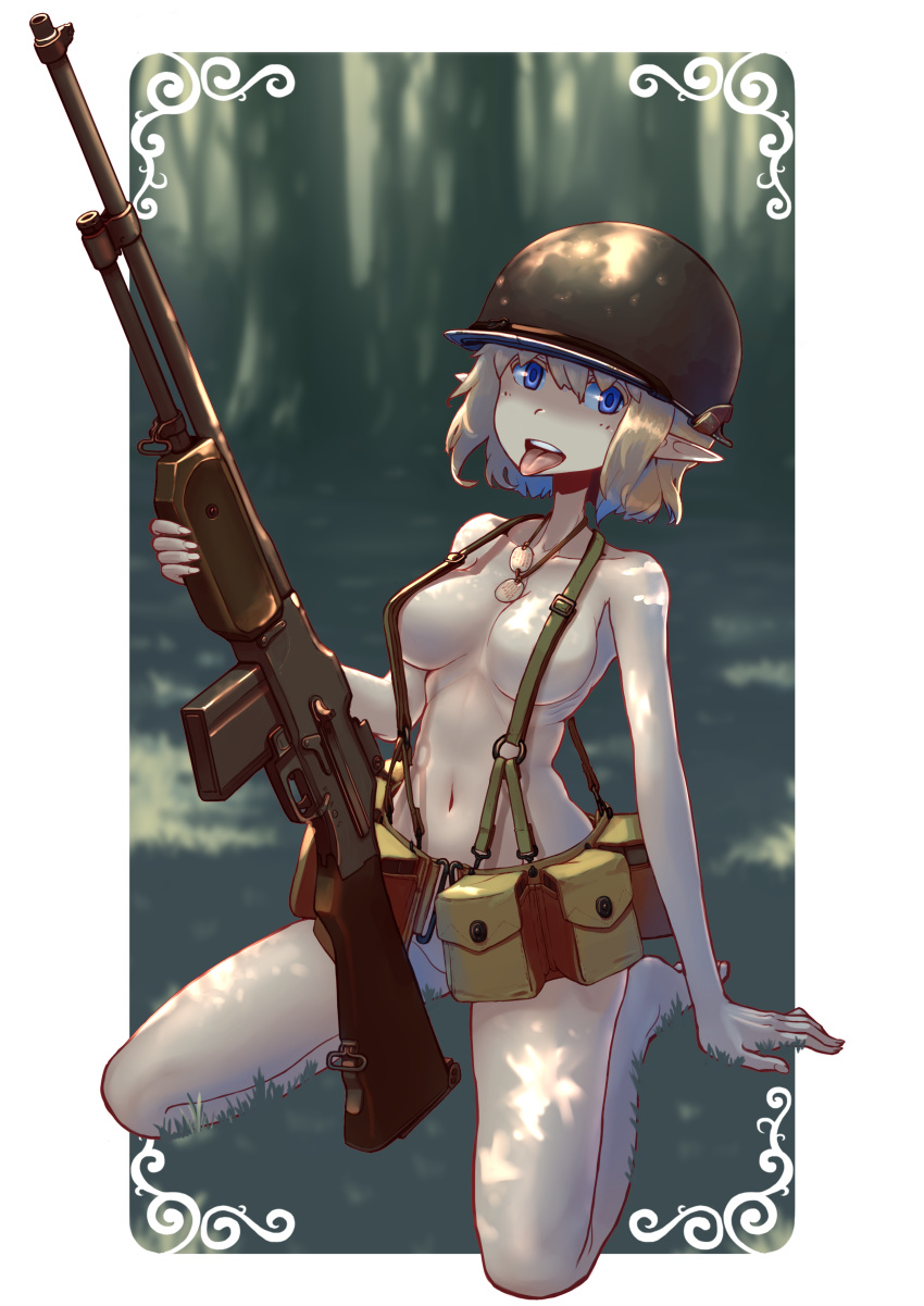 :d absurdres america areola_slip areolae bare_shoulders barefoot blue_eyes blush breasts collarbone convenient_censoring dog_tags elf erica_(naze1940) forest grass groin gun helmet highres holding holding_gun holding_weapon long_hair m1918_bar m1_helmet machine_gun medium_breasts military nature open_mouth original outdoors pointy_ears pouch short_hair sitting smile solo strap teeth thighhighs tongue tongue_out wariza weapon