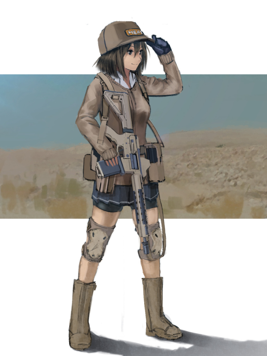 adjusting_clothes adjusting_hat ar-15 bike_shorts boots brown_eyes brown_hair furukawa_herzer gloves gun hat highres knee_pads original rifle short_hair shorts shorts_under_skirt single_glove solo weapon