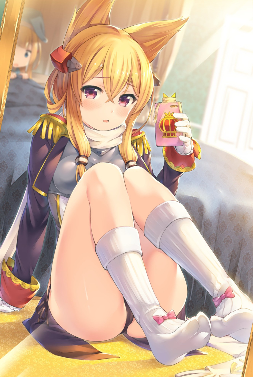 akanagi_youto ankle_bow ankle_ribbon ass azur_lane bow cellphone commentary_request epaulettes feet_together gloves highres holding kneehighs looking_at_viewer multiple_girls no_shoes panties pantyshot pantyshot_(sitting) phone queen_elizabeth_(azur_lane) ribbon scarf sitting smartphone solo_focus underwear warspite_(azur_lane) white_gloves white_legwear