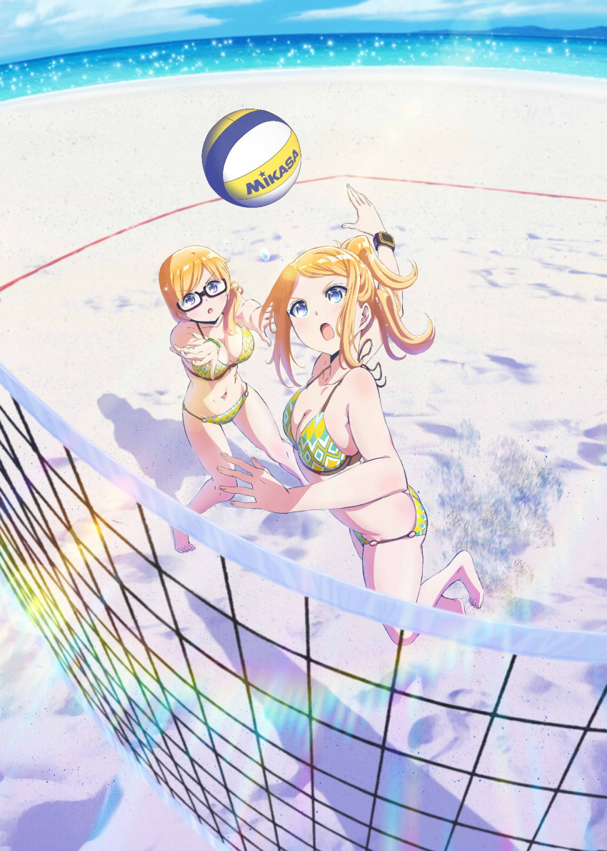 beach beach_volleyball bikini blonde_hair blue_eyes bracelet breasts cloud glasses harukana_receive highres jewelry jumping legs lens_flare medium_breasts multiple_girls navel o-ring o-ring_bikini ocean official_art open_mouth outstretched_arm ponytail sand semi-rimless_eyewear siblings sisters sky swimsuit thomas_claire thomas_emily volleyball_net watch