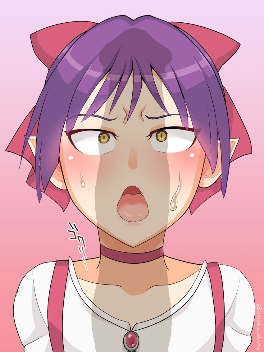 1girl artist_name blush bow collar erection fang gegege_no_kitarou gradient_background kaiduka_akuta looking_at_penis nekomusume open_mouth penis_awe penis_silhouette pointy_ears purple_hair short_hair simple_background solo sweat text translation_request upper_body wavy_mouth yellow_eyes