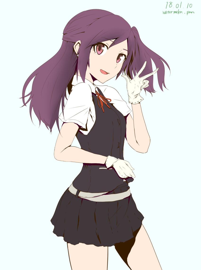 arm_up artist_name black_skirt black_vest blue_background collared_shirt cowboy_shot dated eyebrows_visible_through_hair from_side gloves hagikaze_(kantai_collection) highres kantai_collection neck_ribbon open_mouth pleated_skirt purple_eyes purple_hair red_ribbon ribbon shirt short_sleeves skirt solo standing suika_pan vest white_collar white_gloves wing_collar