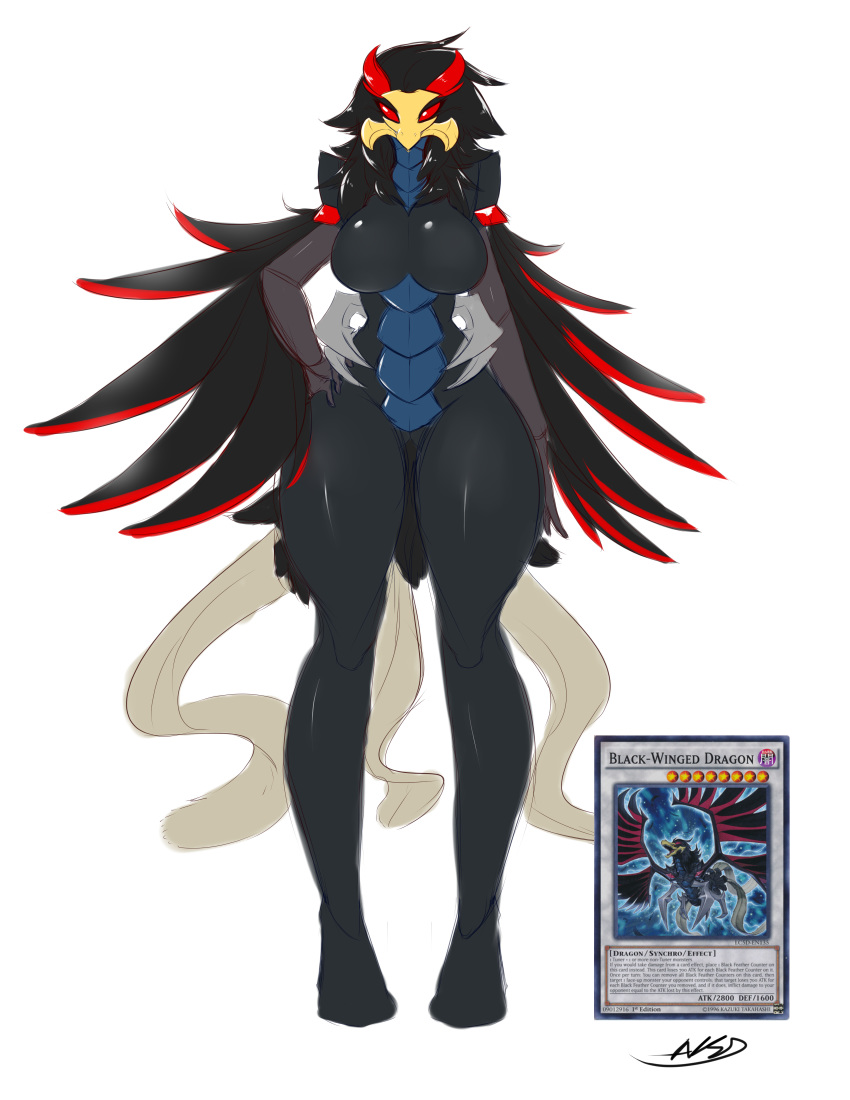 2015 anthro averyshadydolphin big_breasts black-winged_dragon black_hair black_skin blue_scales breasts card digital_media_(artwork) dragon eyebrows feathered_wings feathers feet female fingers fur hair hi_res looking_at_viewer pose pussy red_eyebrows reptile scale_armor scales scalie simple_background solo thick_thighs trading_card white_background wide_hips wings yellow_face yellow_skin yu-gi-oh yu-gi-oh_card