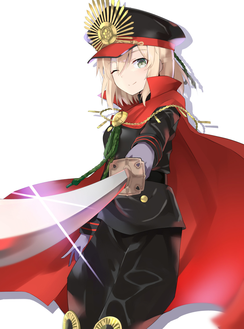 1girl ;) absurdres black_hat black_jacket black_pants cape cosplay eyebrows_visible_through_hair fate/grand_order fate_(series) gloves green_eyes grey_gloves hair_between_eyes hat highres holding holding_sword holding_weapon jacket katana koha-ace military military_uniform oda_nobunaga_(fate) oda_nobunaga_(fate)_(cosplay) okita_souji_(fate) okita_souji_(fate)_(all) one_eye_closed pants red_cape simple_background smile solo sparkle standing sword uniform weapon white_background