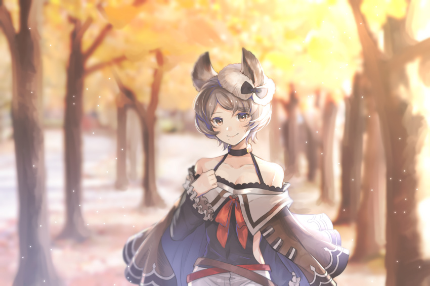 autumn_leaves bangs bare_shoulders blurry blush closed_mouth collarbone commentary_request day depth_of_field erune eyebrows_visible_through_hair granblue_fantasy grey_eyes grey_hair hand_up highres long_sleeves looking_at_viewer mole mole_under_mouth myusha outdoors short_hair smile solo sutera_(granblue_fantasy)