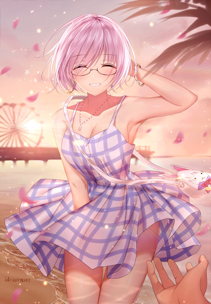 ^_^ absurdres arm_up armpits bag bangs bare_arms bare_shoulders beach bracelet breasts cleavage closed_eyes collarbone commentary dress earrings eyebrows_visible_through_hair facing_viewer fate/grand_order fate_(series) ferris_wheel fou_(fate/grand_order) glasses grin highres jewelry junpaku_karen long_hair mash_kyrielight medium_breasts no_bra outdoors pendant petals pink_hair pixiv_id plaid plaid_dress sand short_hair shoulder_bag sky sleeveless sleeveless_dress smile solo_focus star star_earrings sun sundress sunlight sunset thigh_gap water