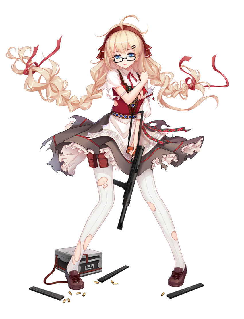 ahoge black-framed_eyewear blonde_hair blue_eyes braid brown_footwear bullet character_name covering floating_hair frilled_skirt frills full_body girls_frontline glasses gun hair_ornament hair_ribbon hairband hairclip highres holding holding_gun holding_weapon long_hair long_sleeves looking_at_viewer m45 m45_(girls_frontline) magazine neck_ribbon official_art pantyhose parted_lips petticoat red_neckwear red_ribbon red_vest ribbed_legwear ribbon semi-rimless_eyewear shirt shoes simple_background skirt solo standing tamaxi torn_clothes torn_legwear twin_braids under-rim_eyewear vest weapon white_background white_legwear white_shirt