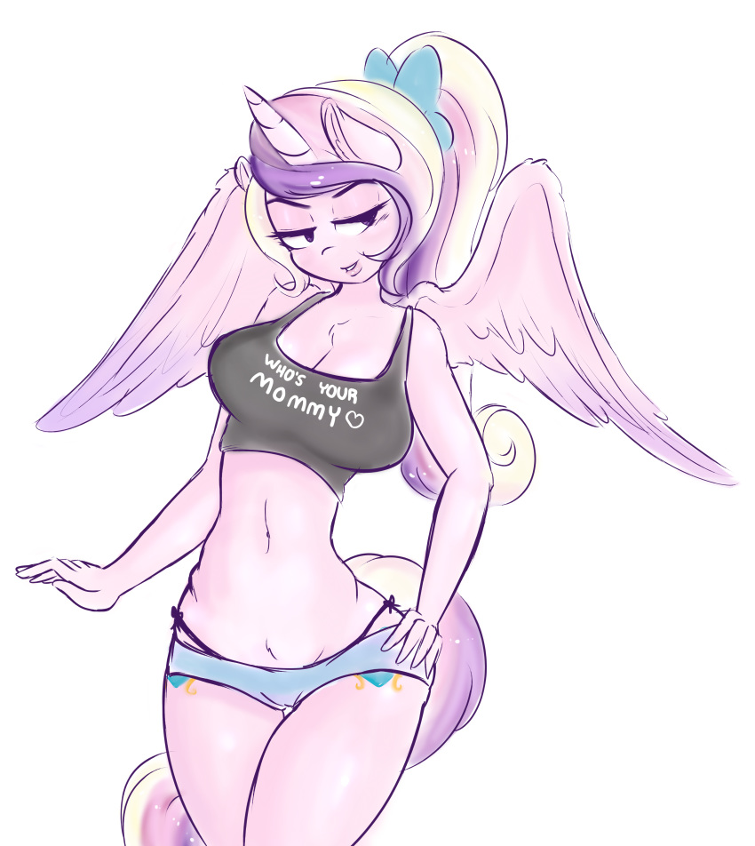 &lt;3 2016 5_fingers anthro anthrofied big_breasts bra breasts camel_toe cleavage clothed clothing cutie_mark english_text equine eyebrows eyelashes feathered_wings feathers female friendship_is_magic fur hair half-closed_eyes hand_on_hip hi_res horn looking_back mammal mature_female midriff multicolored_hair my_little_pony navel panties pink_feathers pink_fur princess_cadance_(mlp) shorts simple_background solo sports_bra text underwear white_background wickedsilly wide_hips winged_unicorn wings