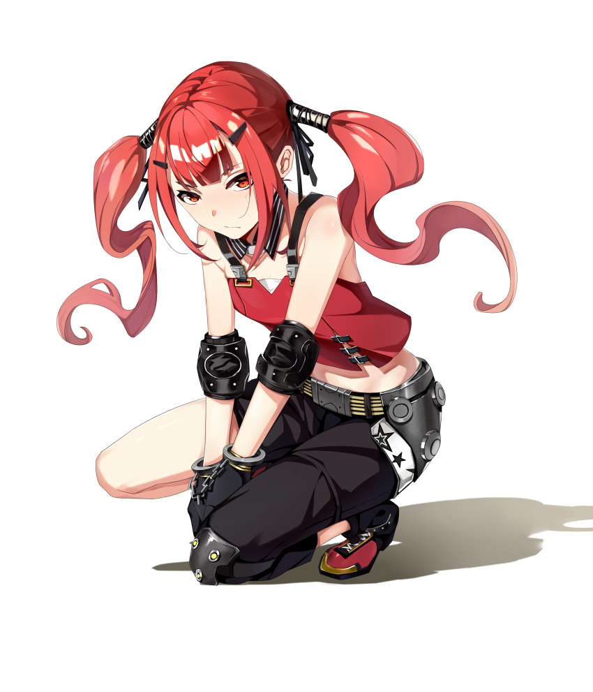 absurdres ankle_boots armpits asymmetrical_clothes bangs bare_shoulders belt between_legs black_gloves blush boots breasts brown_pants buckle chinese_commentary closed_mouth collar collarbone commentary_request cuffed cuffs cz-75_(girls_frontline) elbow_pads fingerless_gloves full_body girls_frontline gloves hair_ornament hairclip hand_between_legs handcuffs highres kneeling long_hair looking_at_viewer pants red_eyes red_hair red_tank_top ribbon shenyin_jiade_aquan shorts simple_background single_knee_pad sleeveless small_breasts solo squatting strap twintails very_long_hair white_background