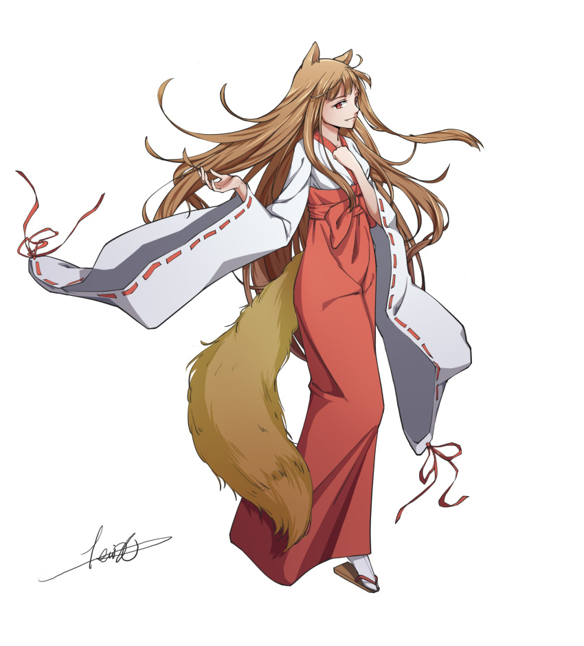 absurdres animal_ears brown_hair fneix full_body geta hakama highres holo japanese_clothes long_hair long_sleeves miko red_eyes red_hakama ribbon-trimmed_sleeves ribbon_trim signature simple_background solo spice_and_wolf tabi tail white_legwear wide_sleeves wolf_ears wolf_girl wolf_tail