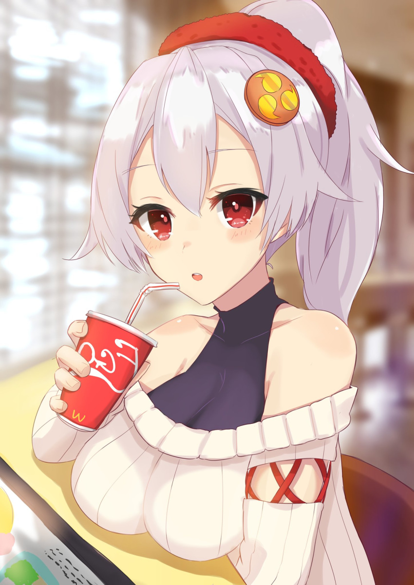 :o alternate_costume bare_shoulders bendy_straw breasts cross-laced_clothes cup day disposable_cup drinking drinking_straw fate/grand_order fate_(series) highres holding holding_cup indoors large_breasts logo_parody long_sleeves looking_at_viewer minami_osu open_mouth ponytail red_eyes scrunchie sitting sitting_on_table solo sweater tomoe_gozen_(fate/grand_order) wcdonalds