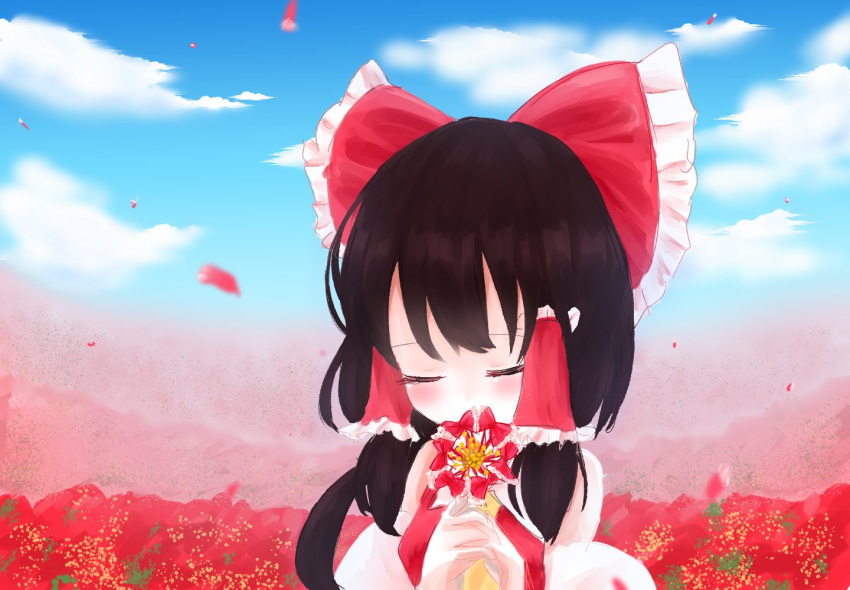 ascot bare_shoulders black_hair blurry blush bow closed_eyes cloud cloudy_sky commentary depth_of_field detached_sleeves flower hair_bow hair_tubes hakurei_reimu large_bow long_hair namesake object_namesake petals reimu_(flower) reimu_mikoro sky smelling_flower solo tears touhou yellow_neckwear