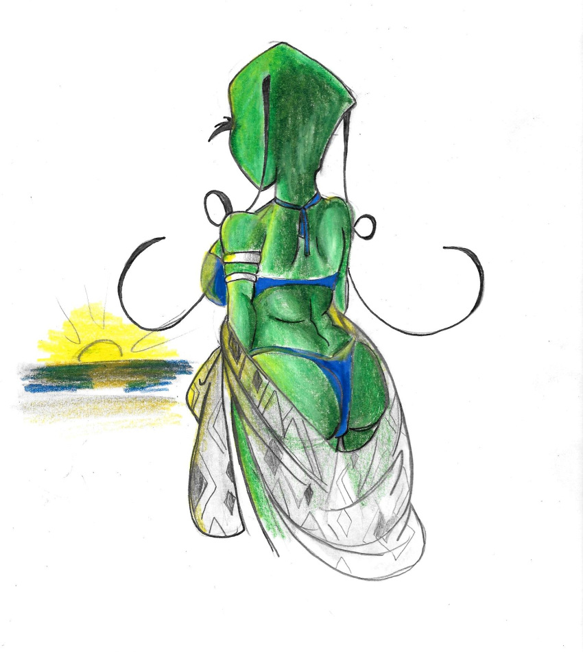 alien anonymousinvader24 antennae aqua_(anonymousinvader24) beach big_breasts bikini breasts butt clothed clothing fan_character female humanoid invader_zim irken outside partially_clothed rear_view seaside side_boob solo standing swimsuit traditional_media_(artwork) undressing watercolor_(artwork)