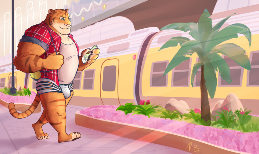 anthro biceps brown_fur bulge cellphone clothed clothing detailed_background disney feline fur male mammal muscular open_shirt phone pink_nose shirt shorts solo stripes tiger tiger_dancer_(zootopia) underwear unknown_artist walking white_fur zootopia zootopia_shorts