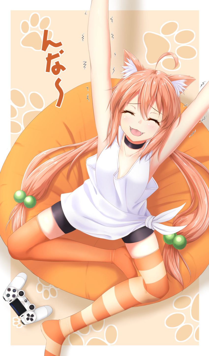ahoge animal_ear_fluff animal_ears arms_up bike_shorts black_choker black_shorts cat_ears choker closed_eyes commentary_request controller dualshock fangs from_above game_controller gamepad hair_bobbles hair_ornament highres hinata_channel long_hair low_twintails mismatched_legwear nekomiya_hinata open_mouth orange_legwear paw_background pink_hair potsunen shorts sitting sleeveless solo striped striped_legwear tank_top thighhighs twintails virtual_youtuber white_tank_top