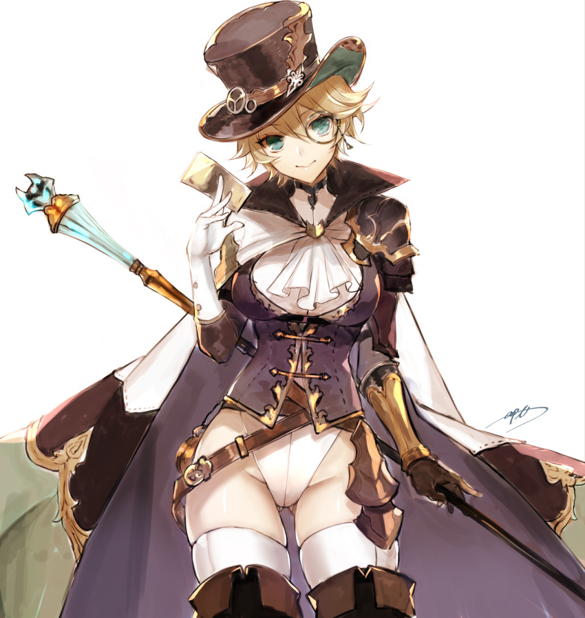 apt ascot belt between_fingers black_footwear black_hat blonde_hair boots cape chat_noir_(granblue_fantasy) closed_mouth corset cowboy_shot elbow_gloves genderswap genderswap_(mtf) gloves granblue_fantasy green_eyes groin hair_between_eyes hand_up hat head_tilt highres holding holding_staff monocle short_hair shoulder_armor signature simple_background smile solo staff standing thigh_boots thighhighs thighhighs_under_boots top_hat tsurime vambraces white_background white_cape white_gloves white_legwear white_neckwear yellow-framed_eyewear