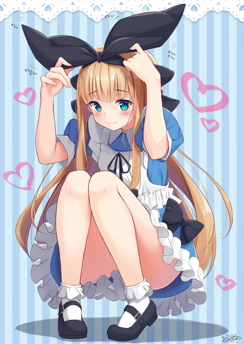 3: adjusting_headwear arms_up bangs black_footwear blonde_hair blue_background blue_eyes blush bobby_socks bow commentary_request convenient_leg dress eyebrows_visible_through_hair frilled_dress frills full_body hairband heart highres knees_together_feet_apart long_hair looking_at_viewer mary_janes mirea mononobe_alice motion_lines nijisanji puffy_short_sleeves puffy_sleeves shoes short_sleeves signature socks solo squatting striped striped_background vertical-striped_background vertical_stripes very_long_hair virtual_youtuber white_legwear