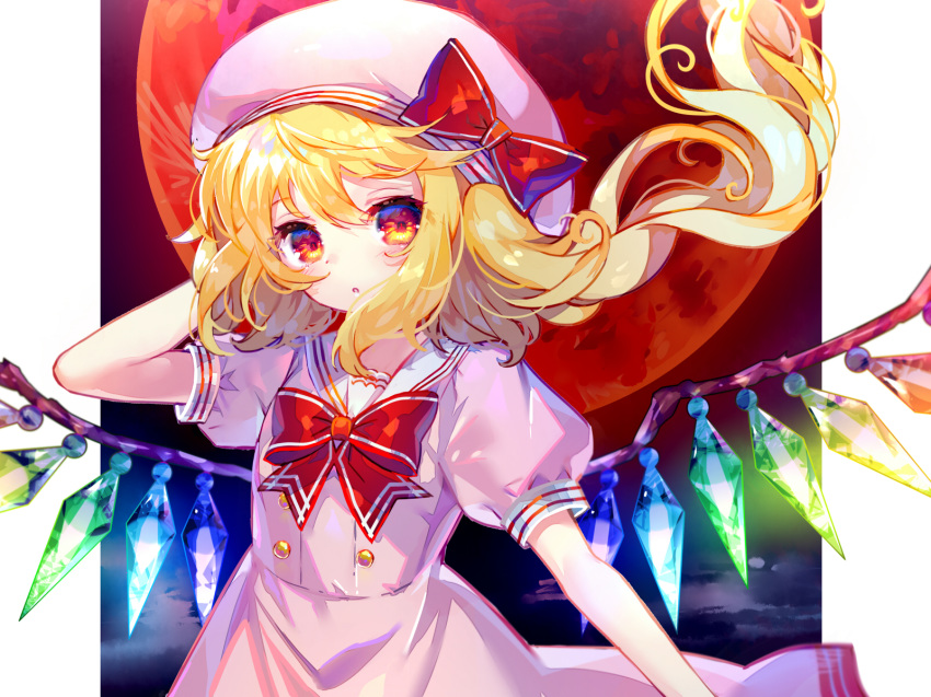 :o arm_up bangs blonde_hair blush bow bowtie crystal dress flandre_scarlet glowing hat hat_bow highres hinasumire long_hair moon outside_border parted_lips pink_dress puffy_short_sleeves puffy_sleeves red_bow red_moon red_neckwear sailor_collar sailor_dress shiny shiny_hair short_sleeves side_ponytail solo tareme touhou upper_body white_hat white_sailor_collar wind