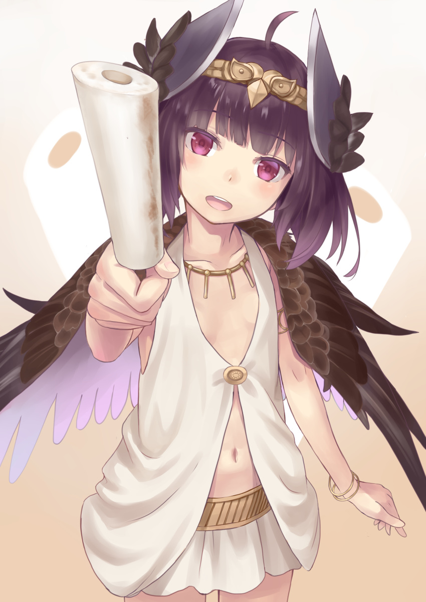 :d absurdres ahoge akaneya_himika black_wings bracelet circe_(fate/grand_order) circe_(fate/grand_order)_(cosplay) collarbone commentary_request cosplay doonatsu. dress fate/grand_order fate_(series) feathered_wings food head_tilt head_wings headgear highres holding holding_food jewelry long_hair navel open_mouth pleated_skirt purple_eyes purple_hair seiyuu_connection skirt sleeveless sleeveless_dress smile solo touhoku_kiritan upper_teeth voiceroid white_dress white_skirt wings