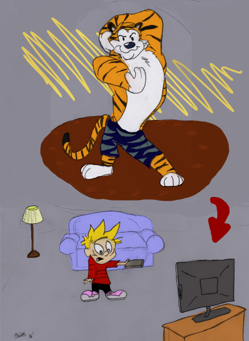 calvin_(c&amp;h) calvin_and_hobbes clothed clothing crossover disney feline grey_background hi_res hobbes human lamp male mammal muscular simple_background sofa stripes television tiger tiger_dancer_(zootopia) unknown_artist zootopia zootopia_shorts