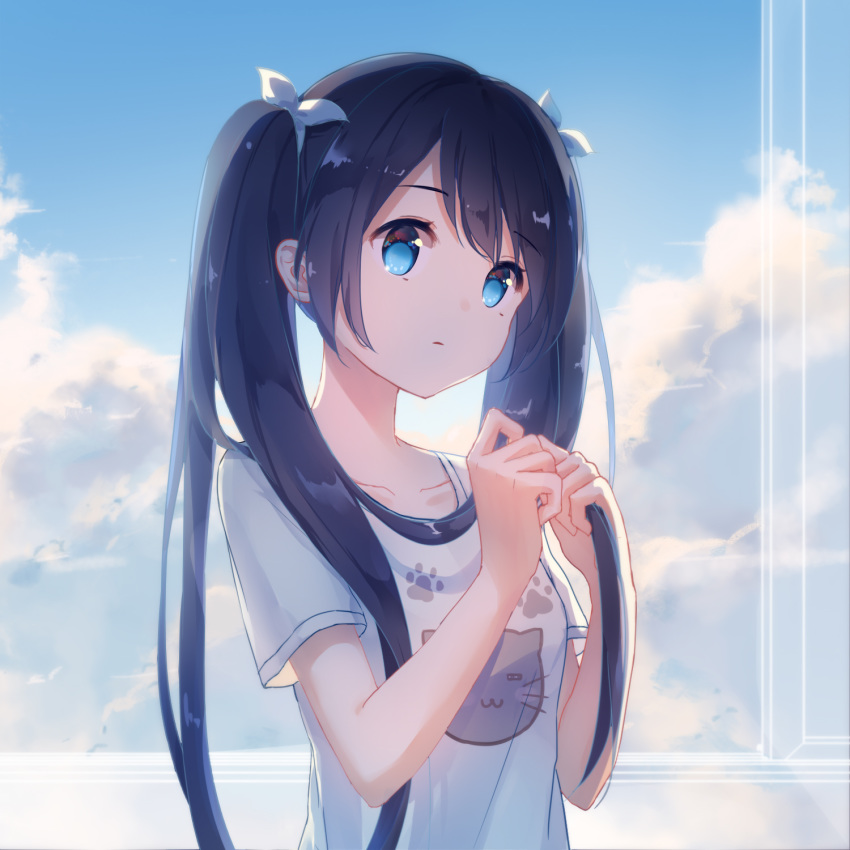 animal_print black_hair blue_eyes blue_sky cat_print closed_mouth cloud collarbone day expressionless hair_ribbon hat highres indoors long_hair looking_at_viewer open_window original print_shirt revision ribbon shirt short_sleeves sky solo tate_eboshi twintails white_ribbon white_shirt window yue_yue