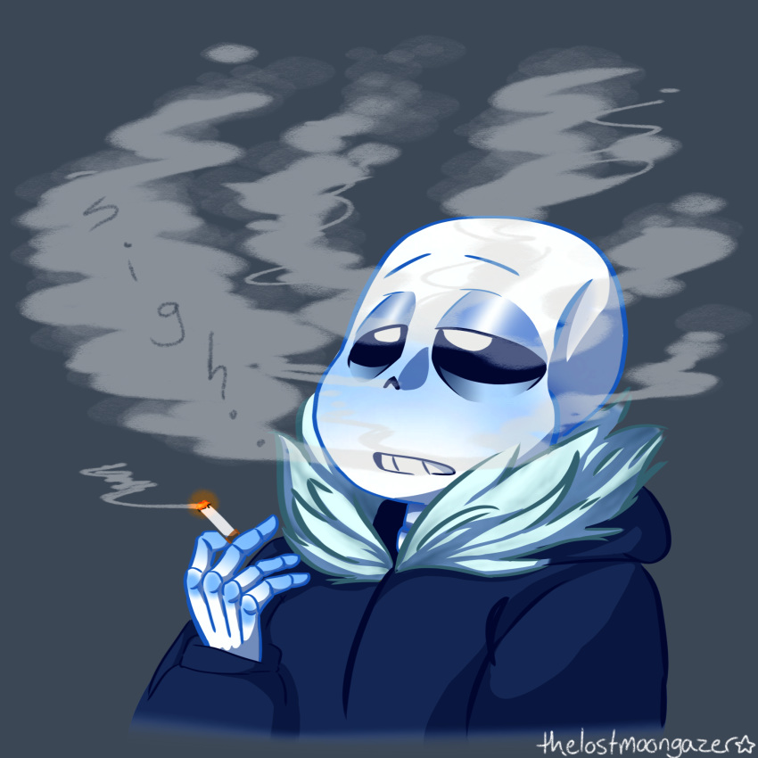 animated_skeleton bone cigarette clothed clothing hi_res hoodie humanoid male not_furry sans_(undertale) skeleton smoke smoking solo text thelostmoongazer undead undertale video_games