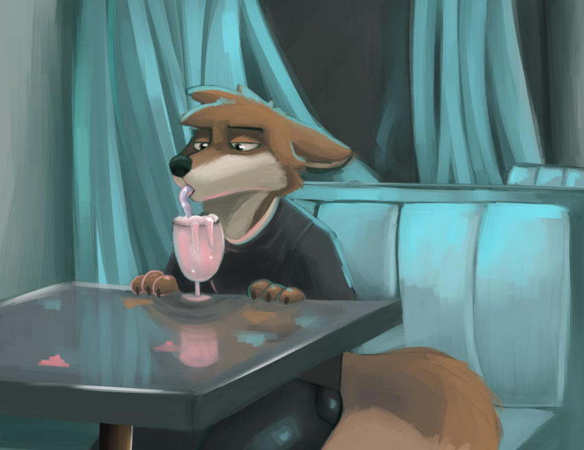 anthro beverage canine claws clothed clothing cup drinking fluffydonuts fur lonely lonewolfhowling looking_down male mammal milkshake pants restaurant shirt sitting solo straw table wolf