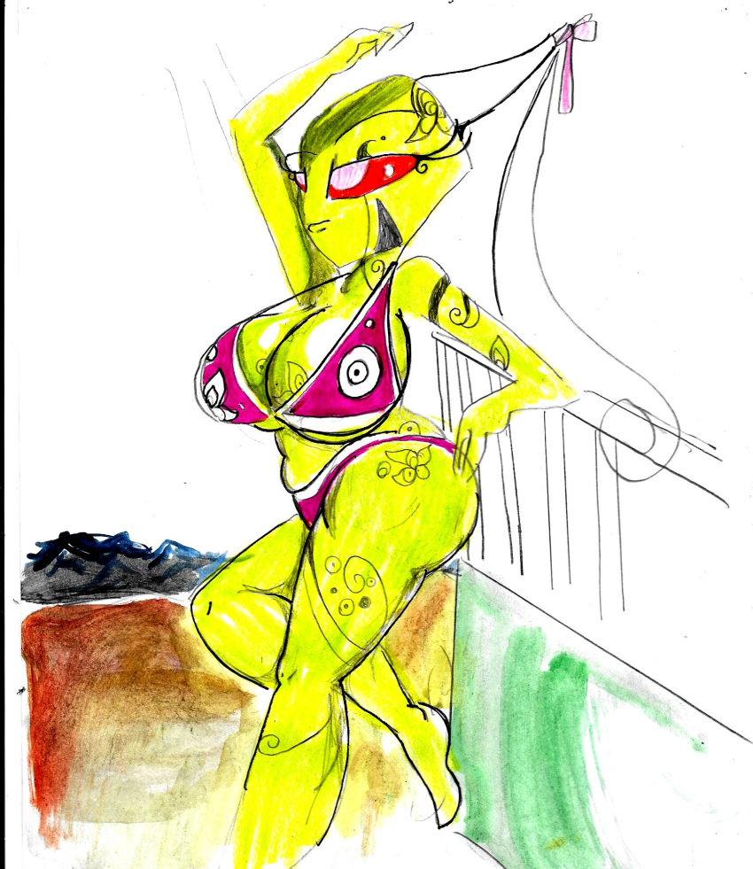 3_fingers alien anonymousinvader24 antennae beach big_breasts bikini boardwalk breasts butt clothed clothing fan_character feet female humanoid invader_zim irken leaning markings outside partially_clothed red_eyes seaside side_boob solo swimsuit traditional_media_(artwork) watercolor_(artwork) yellow_skin zisha