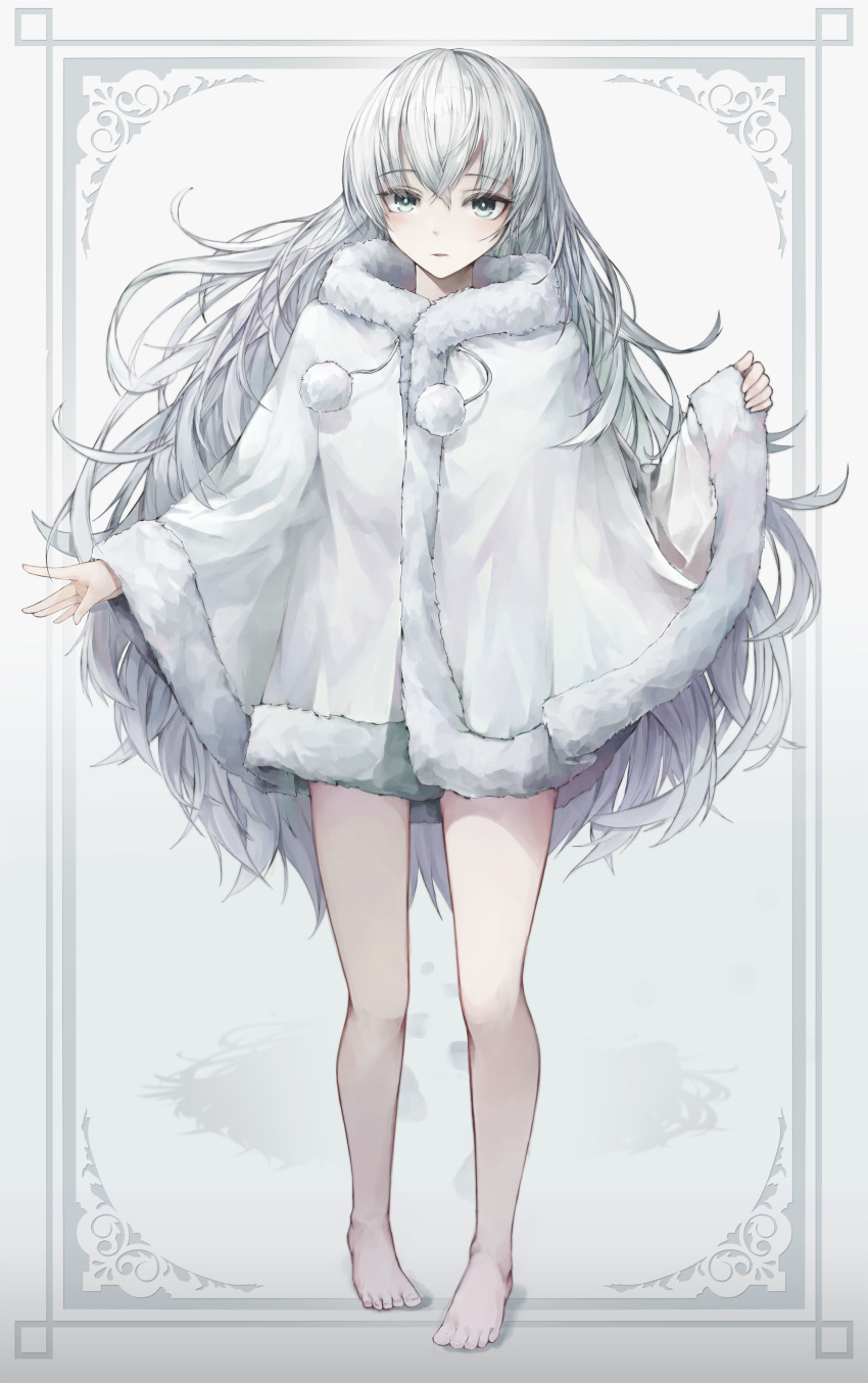 absurdres bangs bare_legs barefoot cape crystalherb eyebrows_visible_through_hair feet footprints frame full_body fur_trim hair_between_eyes highres long_hair looking_at_viewer original parted_lips pom_pom_(clothes) silver_eyes silver_hair solo toenails very_long_hair white_cape winter_clothes