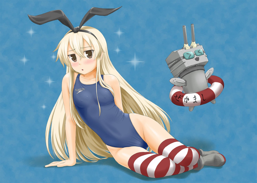 black_hairband blonde_hair blue_background blue_swimsuit brown_eyes commentary_request competition_swimsuit full_body hairband kantai_collection long_hair one-piece_swimsuit rensouhou-chan shimakaze_(kantai_collection) sitting solo sparkle speedo_(company) striped striped_legwear swimsuit thighhighs tk4 yokozuwari