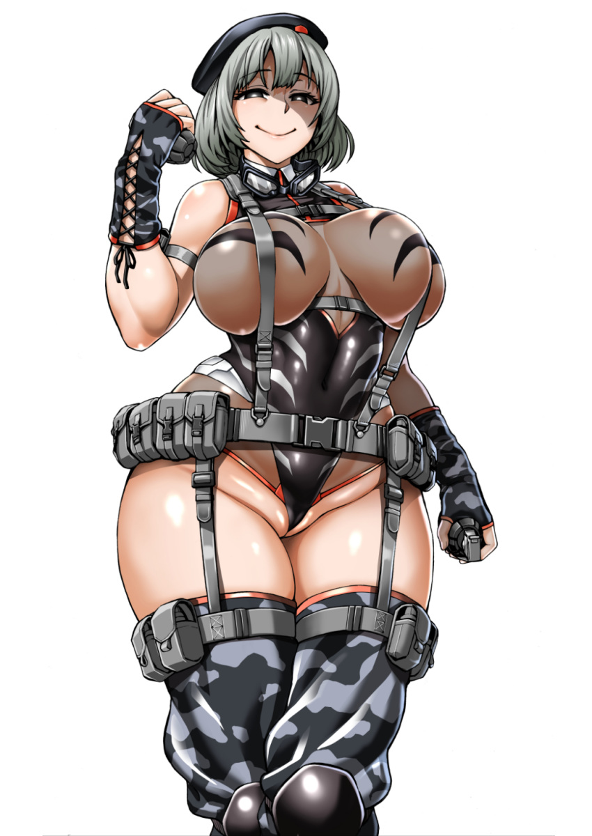 arm_at_side arm_strap bangs bare_shoulders belt belt_pouch beret black_eyes black_gloves black_hat black_legwear black_leotard black_ribbon breasts breasts_apart camouflage closed_mouth commentary_request covered_navel cowboy_shot cross-laced_clothes dual_wielding explosive fingerless_gloves garter_straps glasses gloves goggles goggles_around_neck grenade grey_gloves grey_hair grey_legwear groin half-closed_eyes hand_up harness hat highleg highleg_leotard highres holding holding_grenade holding_weapon impossible_clothes impossible_leotard inousha_shoujo_kesson_goudou knee_pads large_breasts legs_together leotard looking_at_viewer loose_belt military military_uniform naughty_face neroma_shin parted_bangs partially_visible_vulva pouch print_gloves print_legwear ribbon see-through shaded_face shiny shiny_clothes shiny_skin short_hair simple_background skin_tight smile solo standing suspenders tachibana_(inousha_shoujo_kesson_goudou) thick_thighs thigh_pouch thigh_strap thighhighs thighs underbust uniform weapon wedgie white_background wide_hips