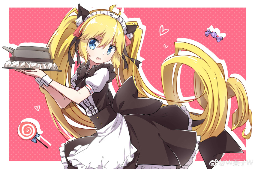 :d absurdres alternate_costume andrea_doria_(zhan_jian_shao_nyu) animal_ears antenna_hair apron black_bow black_dress black_neckwear blonde_hair blue_bow blue_eyes bow bowtie cake candy cat_ears cream dress eyebrows_visible_through_hair fake_animal_ears food frilled_dress frills from_side hair_ornament heart highres holding holding_tray lizi lollipop long_hair looking_at_viewer looking_to_the_side maid_headdress open_mouth polka_dot polka_dot_background puffy_short_sleeves puffy_sleeves shiny shiny_hair short_sleeves smile solo tray twintails very_long_hair waist_apron weibo_username white_apron wrist_cuffs zhan_jian_shao_nyu