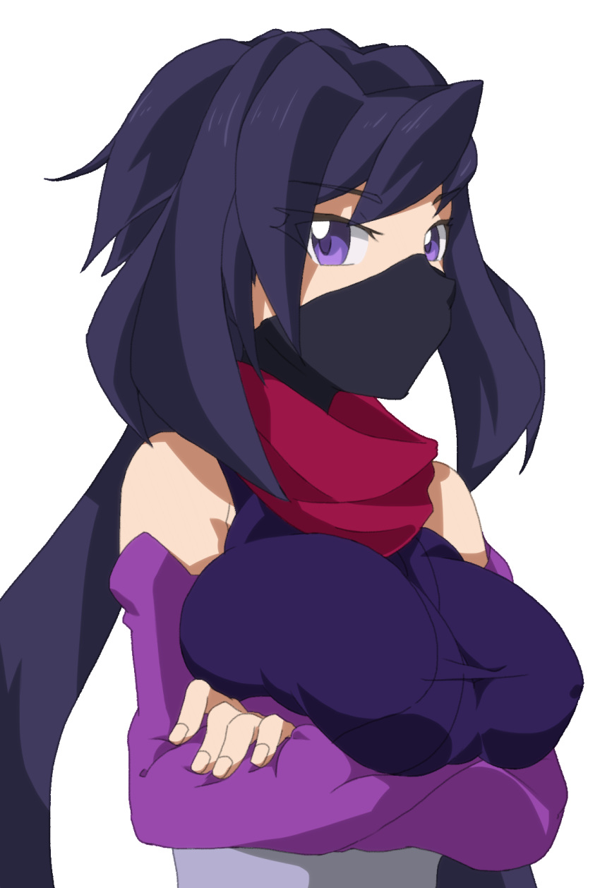 arms_under_breasts ayame_(gundam_build_divers) bangs breast_hold breasts covered_mouth detached_sleeves face_mask gundam gundam_build_divers highres large_breasts long_hair looking_at_viewer low_ponytail mask nikkou_bure ninja ninja_mask ponytail purple_eyes purple_hair scarf solo