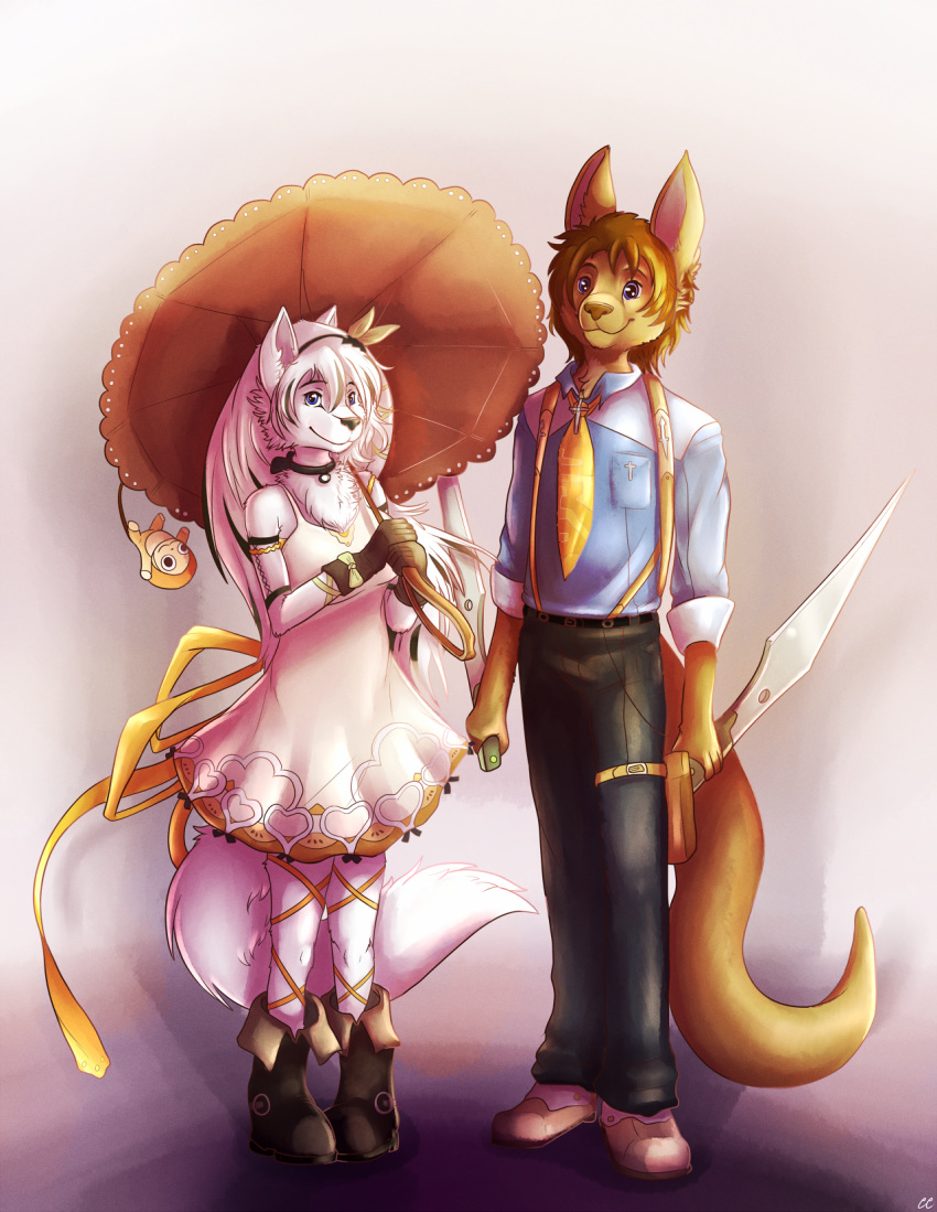 2016 anthro blue_eyes boots brown_fur brown_hair canine chibity clothing cosplay dagger dress duo female footwear fur hair hi_res kangaroo male mammal marsupial melee_weapon necktie pink_fur pink_hair ribbons romantic_couple simple_background tales_of_xillia tales_of_zestiria umbrella weapon wolf