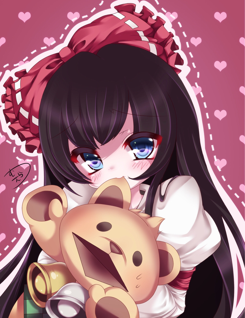 absurdres bangs bell biting black_hair blue_eyes blush bow character_request checkered commentary_request dotted_line dress ear_biting eyebrows_visible_through_hair frilled_bow frills hair_bow heart highres juliet_sleeves long_sleeves looking_at_viewer muuran outline puffy_sleeves purple_background red_bow ribbon-trimmed_bow ribbon_trim shironeko_project sidelocks signature solo striped stuffed_animal stuffed_toy sweat teddy_bear vertical_stripes white_dress