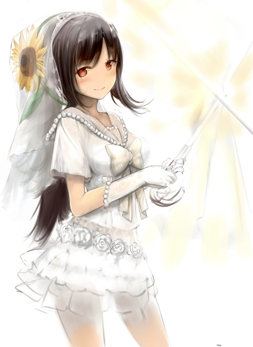 bangs black_hair blurry blurry_background blush bow bridal_veil bride closed_mouth cowboy_shot elbow_gloves eyebrows_visible_through_hair flower from_side gloves grey_bow hair_flower hair_ornament highres holding holding_umbrella layered_skirt legs_apart long_hair looking_at_viewer looking_to_the_side norakon original parted_bangs pearl ponytail red_eyes sailor_collar school_uniform see-through serafuku shiny shiny_hair shirt short_sleeves skirt smile solo standing sunflower_hair_ornament two-handed umbrella veil very_long_hair white_gloves white_sailor_collar white_shirt white_skirt
