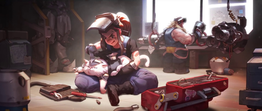 artist_request bandaid beard blonde_hair brigitte_(overwatch) cat dirty_face facial_hair father_and_daughter highres jetpack_cat_(overwatch) mask mask_on_head official_art overalls overwatch ponytail shirt solo_focus t-shirt teenage tomboy tongue tongue_out torbjorn_(overwatch) whiskers_(overwatch) white_cat workshop younger